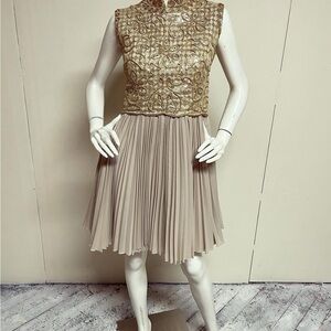 1960s Gold Brocade Bodice Pleated Taupe Dress